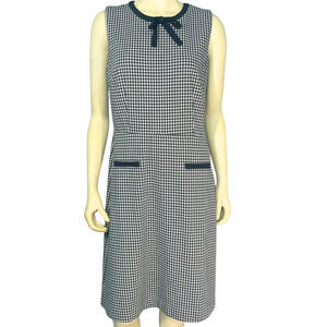 Talbots Sz 10 Sheath Dress BW Houndstooth Ponte Knit Bow Neckline Preppy Twee